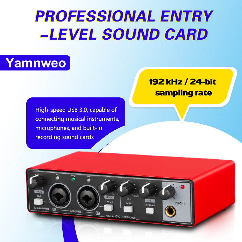 Audio Music Interface - YAMNWEO MD21 レッド USBオーディオインターフェースサウンドカード、24ビット/192kHzデュアルチャンネルサウンドカード、コンデンサーマイクとギター用デュアル入力搭載、ライブストリーミング、ポッドキャスティング、音楽制作、ライブパフォーマンスに最適