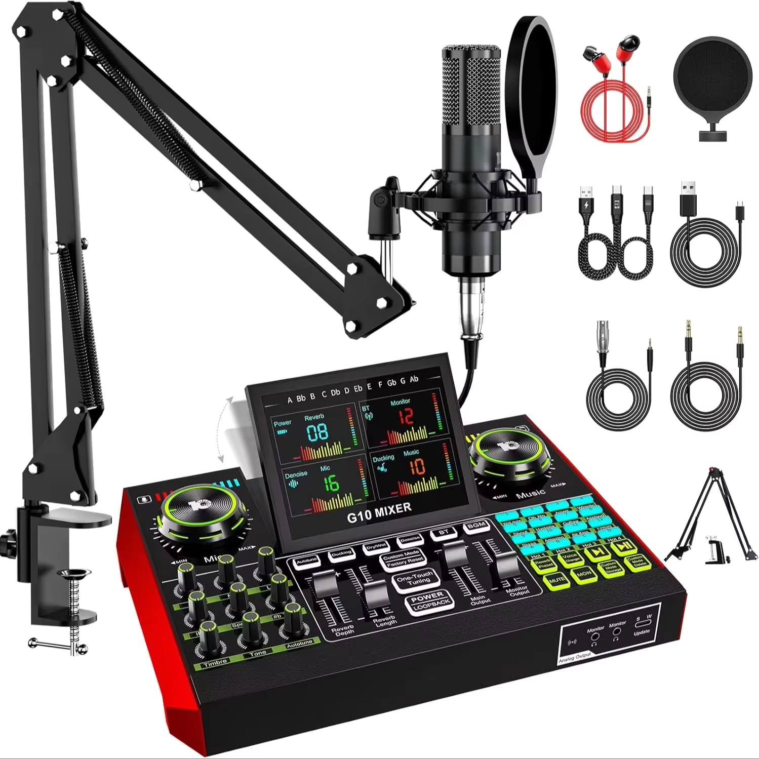 Audio Music Interface - Tenlamp G10 ライブストリーミングオーディオインターフェースゲーミングオーディオミキサー、3.5mmコンデンサーマイク付きポッドキャスト機器、PC/電話用サウンドカード、ポッドキャスト録音、ボイスチェンジャー、ノイズ除去、ファンタム電源、リバーブ、ミュージックパワーコンディショナー、カラオケマシン