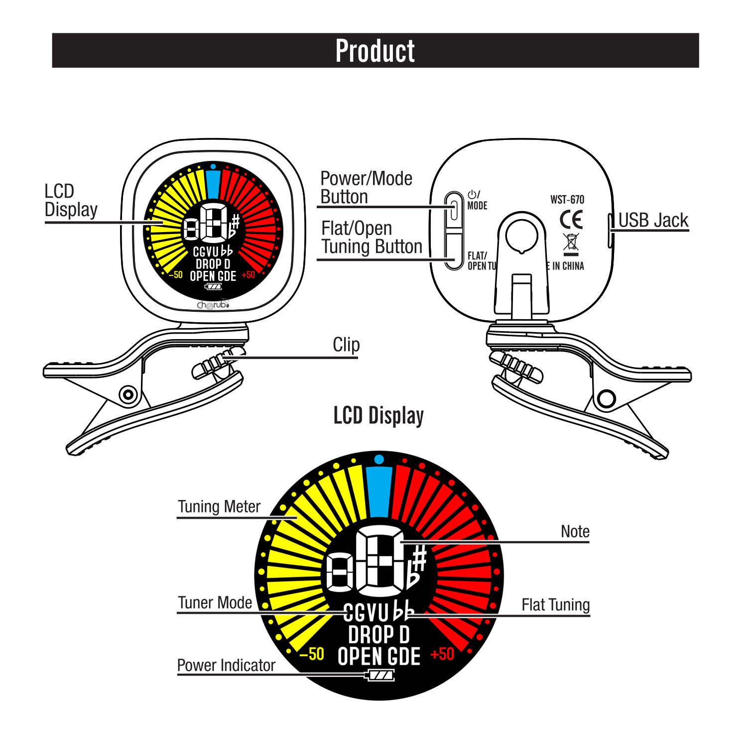 Cherub WST-670 充電式クリップオンギターチュー - Guitar Tuner Clip のレビューと価格